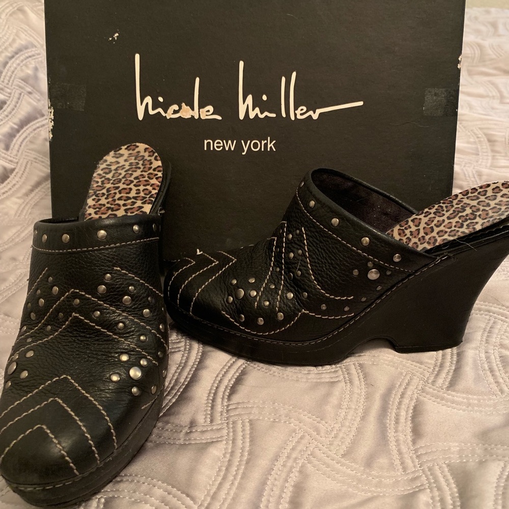 Nicole Miller studded platform mules.